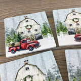 Red Truck Winter Farm Sandstone Coasters Set of 4