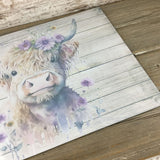 Highland Cow Purple Flower  Glass Cutting Board