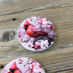 Male Cardinal with Flowers Car Coasters - Set of 2