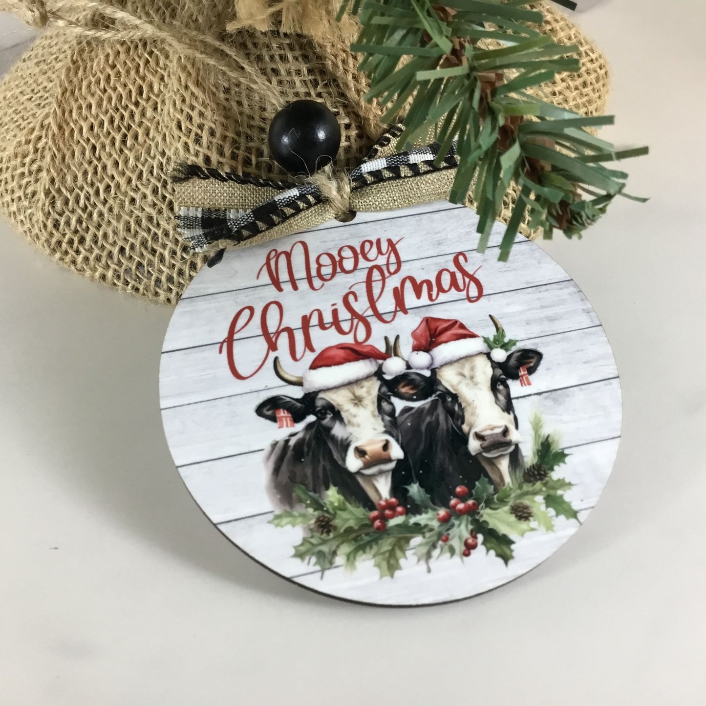 Mooey Christmas Cow 3.5" Round Wooden Christmas Ornament