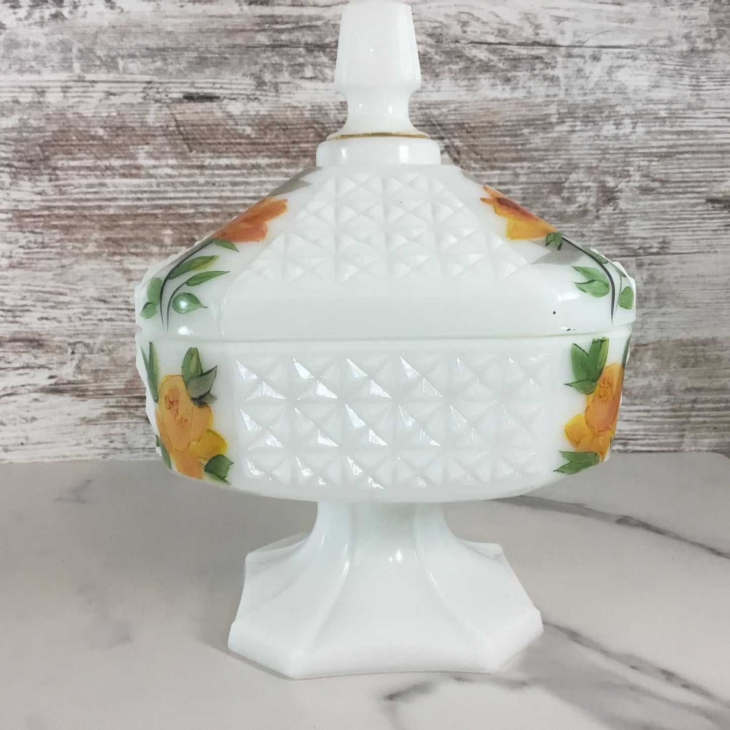 Vintage Milk Glass Lidded Compote Candy Dish With Hand Painted Roses