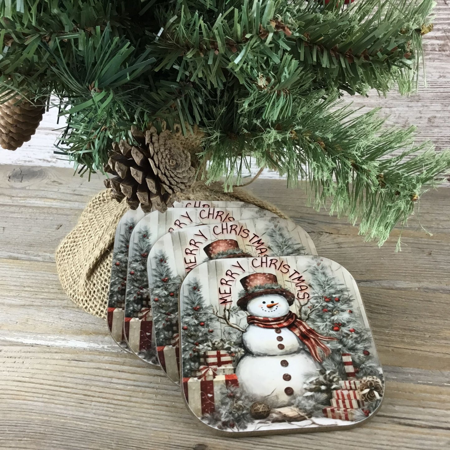 Rustic Snowman Merry Christmas Set of 4 Wooden Coasters