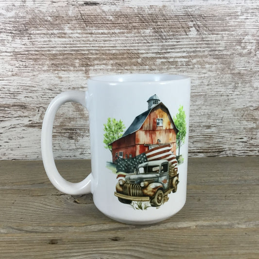 Vintage Truck Ceramic Coffee Mug Patriotic American Flag Rustic Barn