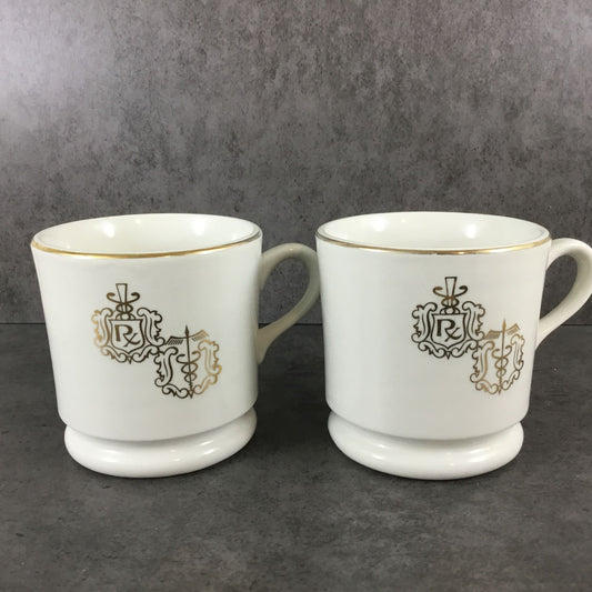 2 Hall Pottery RX Pharmacy Emblem 8 oz Coffee Cups with Gold Trim Owens Illinois