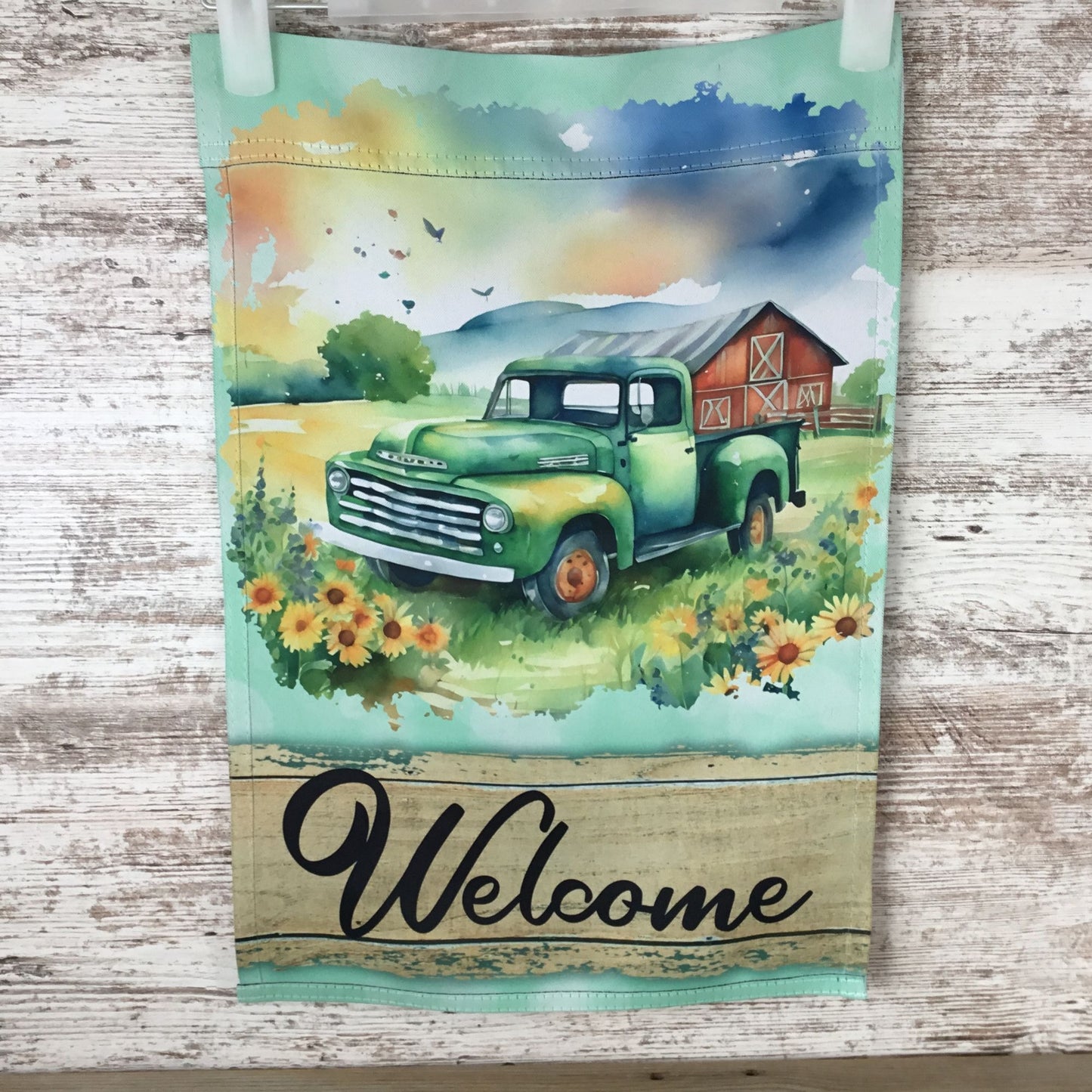 Vintage Style Welcome Garden Flag With Green Truck & Sunflowers