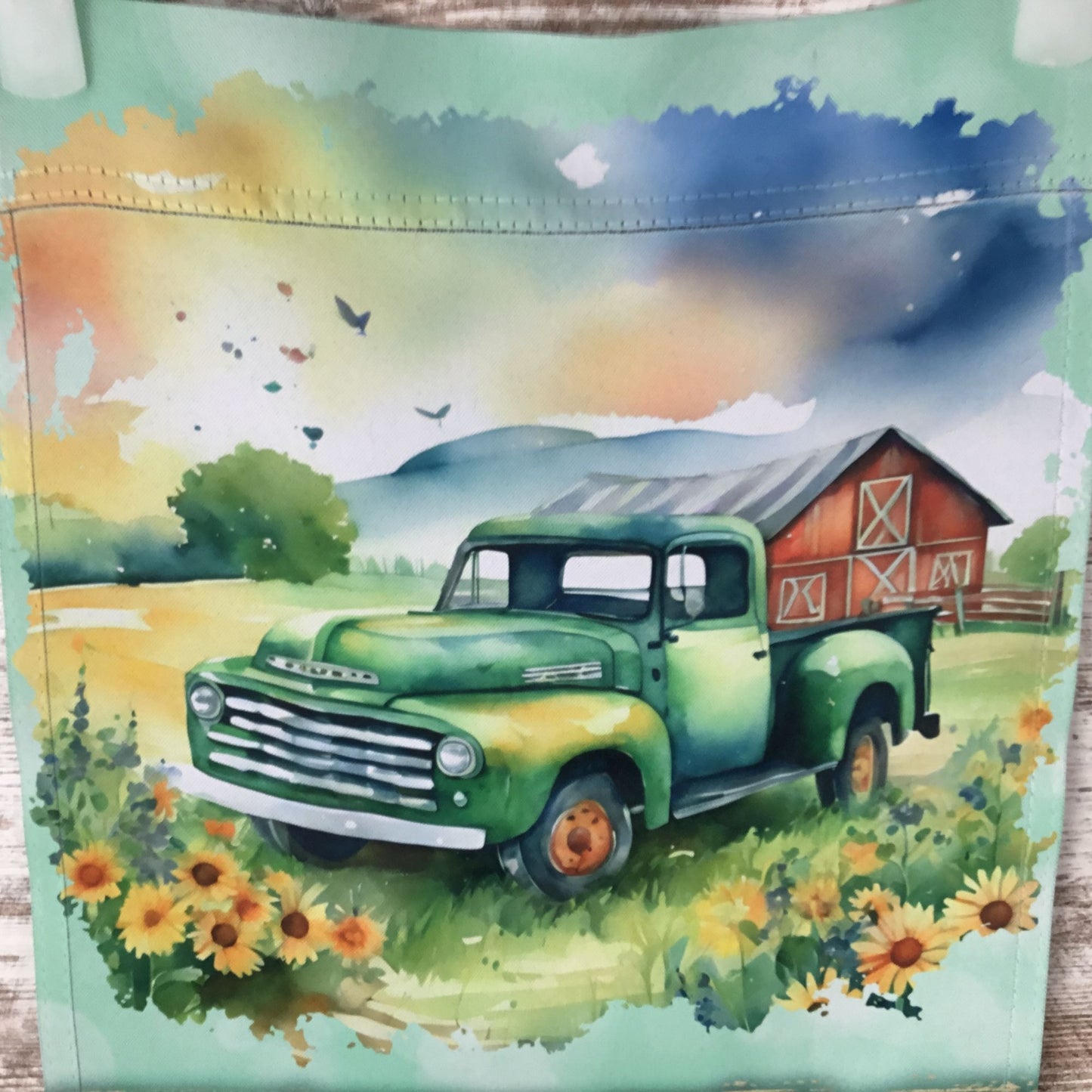 Vintage Style Welcome Garden Flag With Green Truck & Sunflowers