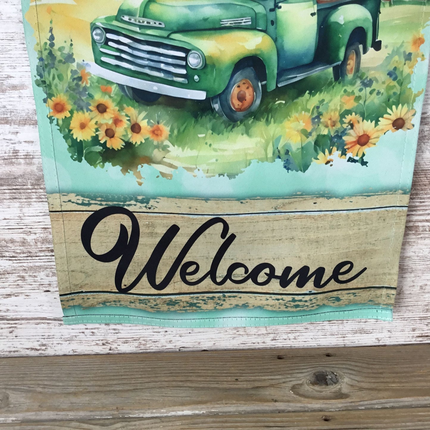 Vintage Style Welcome Garden Flag With Green Truck & Sunflowers