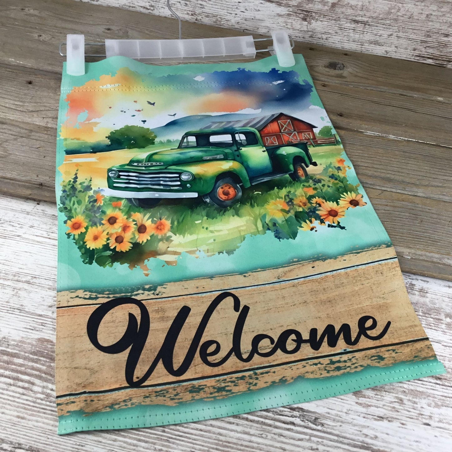Vintage Style Welcome Garden Flag With Green Truck & Sunflowers