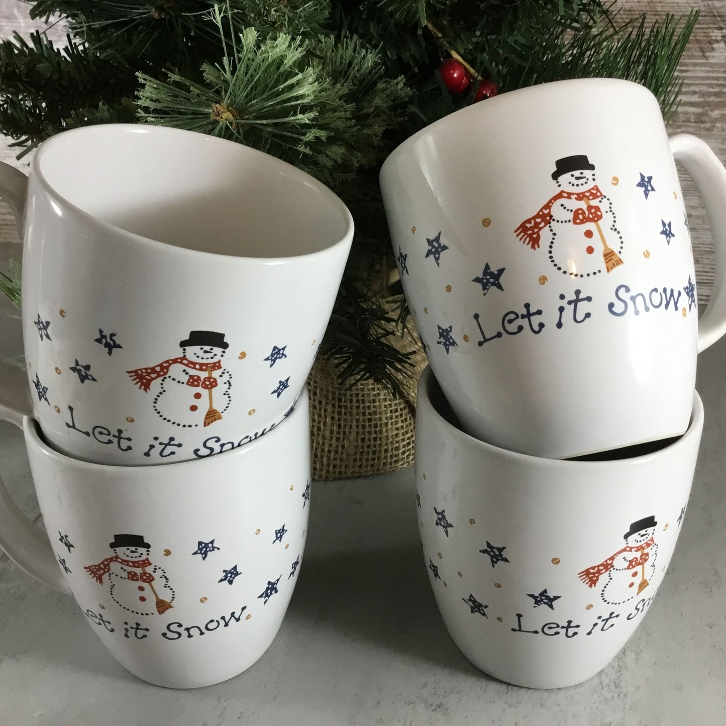 Set of 4 Corelle Frosty Morn Let It Snow Stoneware Cups Winter Snowman