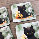 Black Cat Halloween Drink Coasters Set of 4