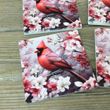 Male Cardinal and Flowers Set of 4 Sandstone Coasters