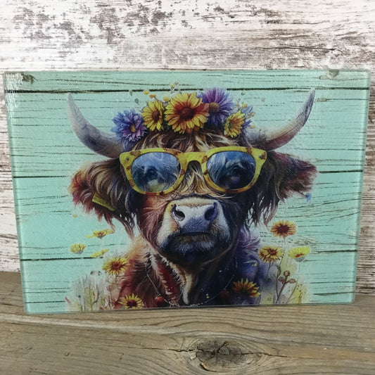 Boho Hippie Highland Cow Glass Cutting Board