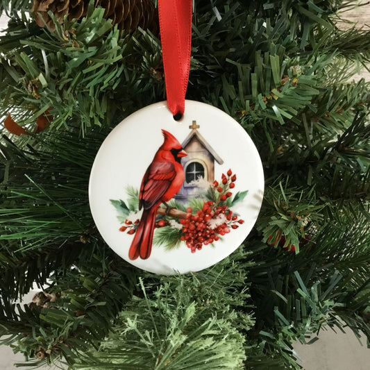 Red Male Cardinal Perched on Branch Ceramic Christmas Ornament  2.75 Inch