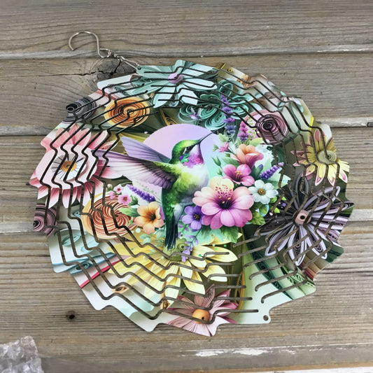 Hummingbird Pastel Flowers Wind Spinner 10"