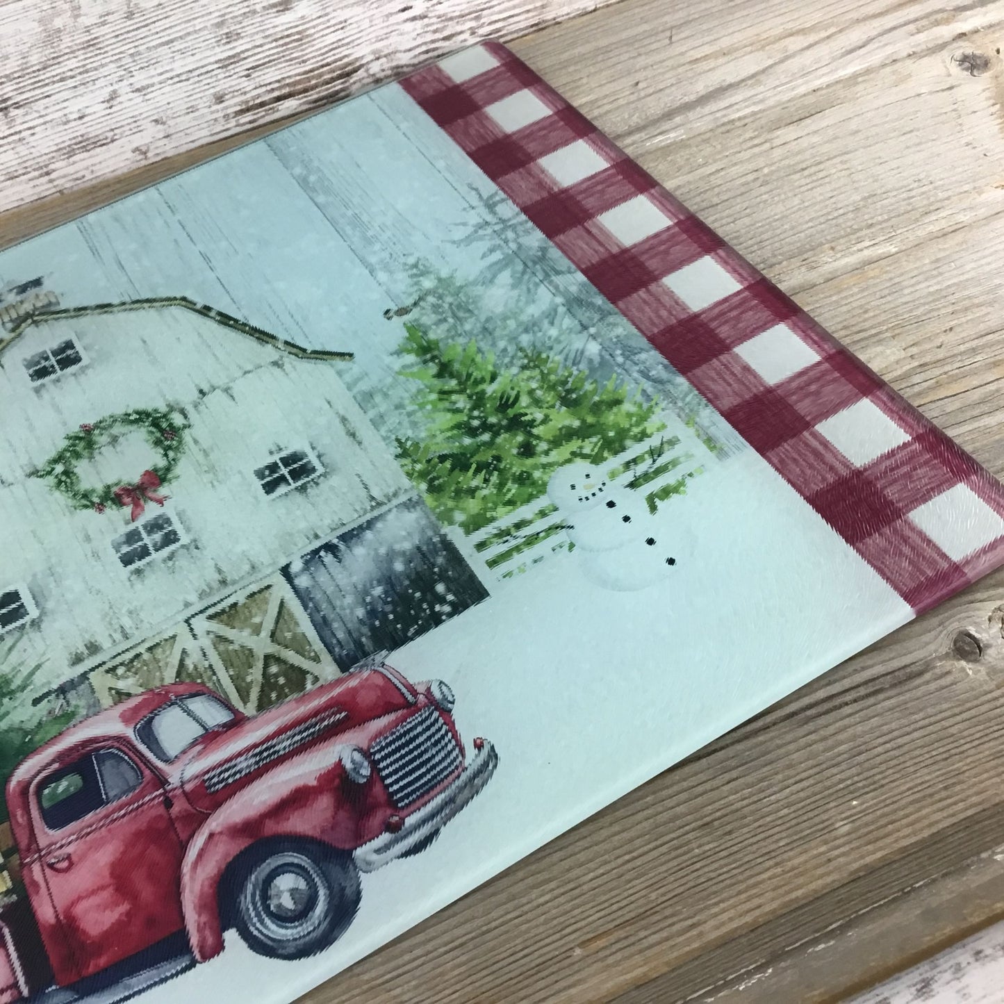 Red Truck Winter Farm Glass Cutting Board