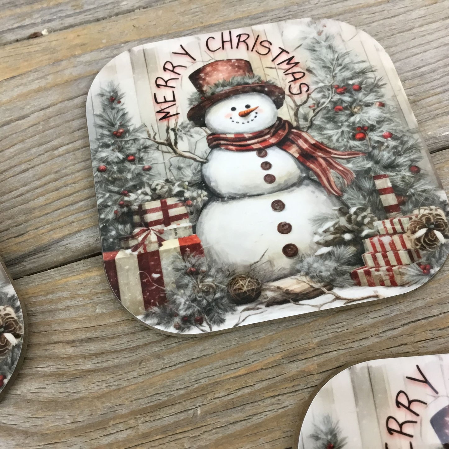 Rustic Snowman Merry Christmas Set of 4 Wooden Coasters