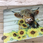 Highland Cow Rustic Sunflower Glass Cutting Board
