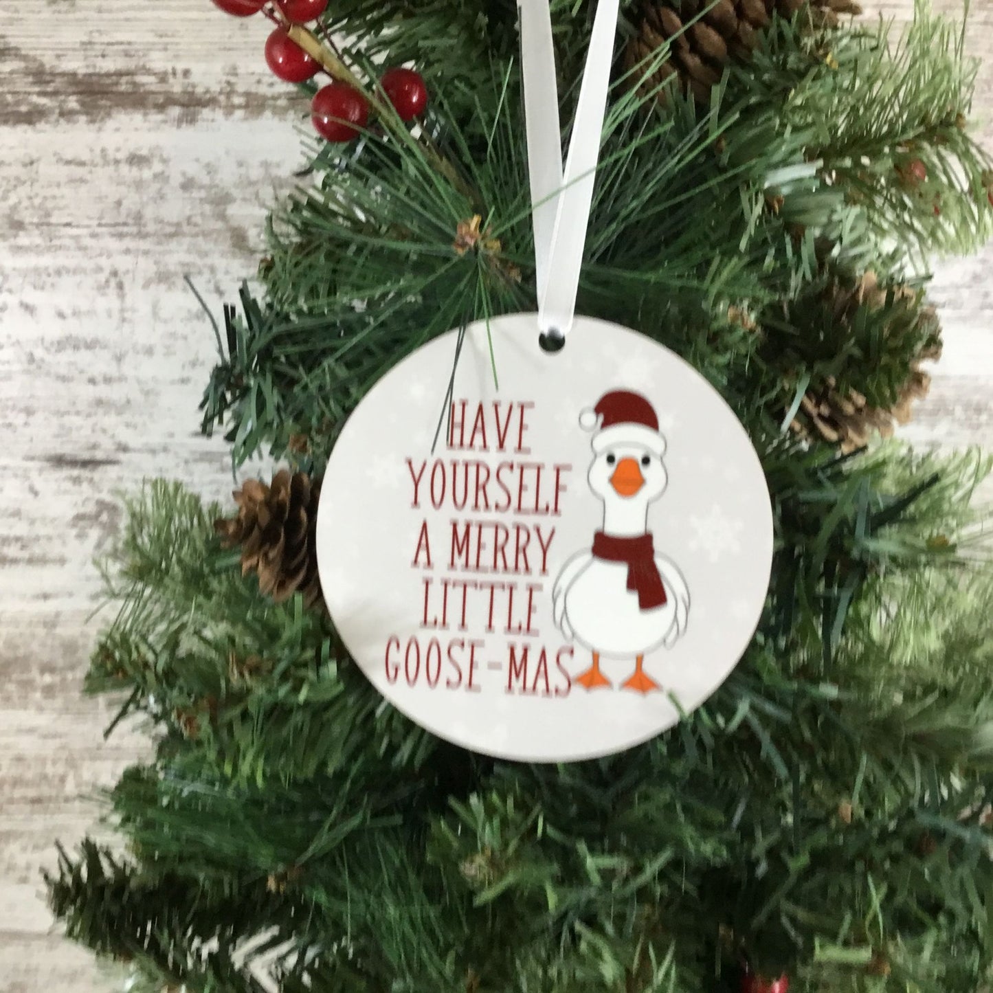 Merry Little Goose-Mas Christmas Ornament – 3.5" Round Hardboard