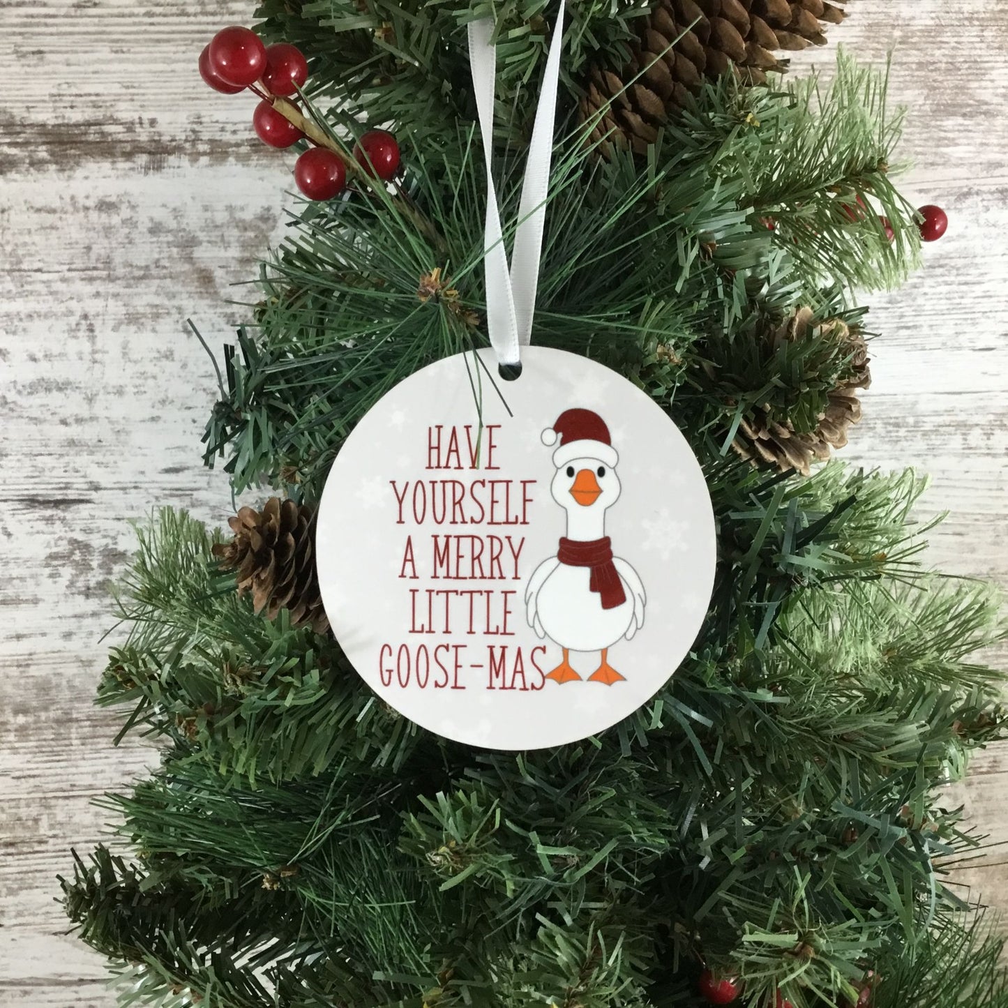 Merry Little Goose-Mas Christmas Ornament – 3.5" Round Hardboard