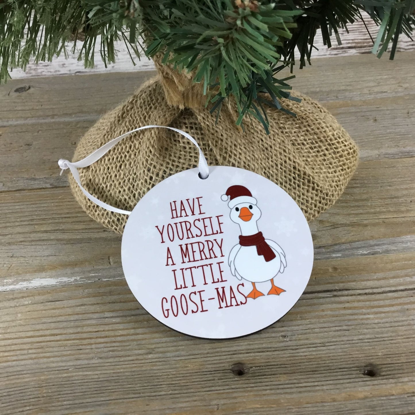 Merry Little Goose-Mas Christmas Ornament – 3.5" Round Hardboard