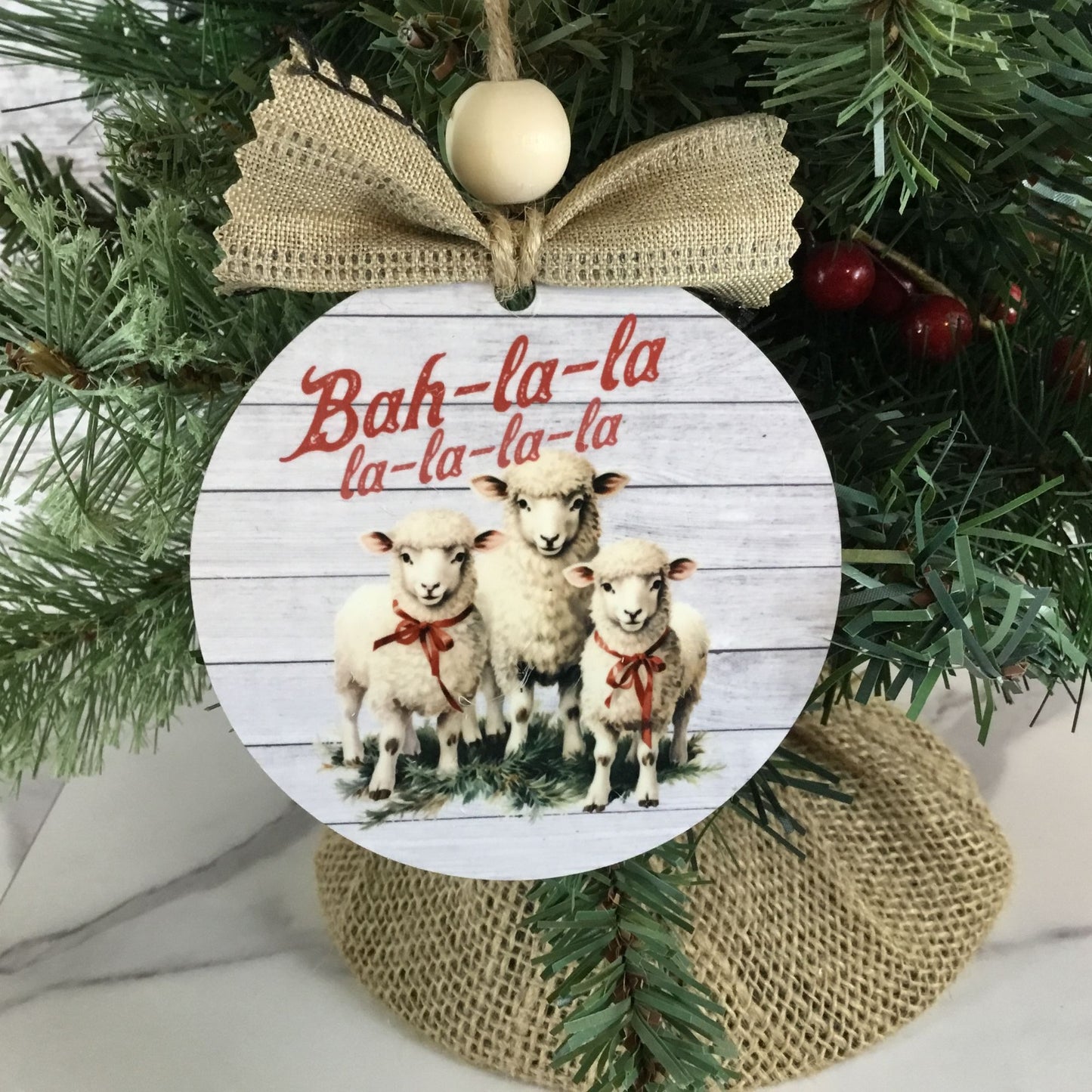 Sheep Bah-la-la-la-la-la-la Christmas Ornament  3.5” Round Wooden Ornament