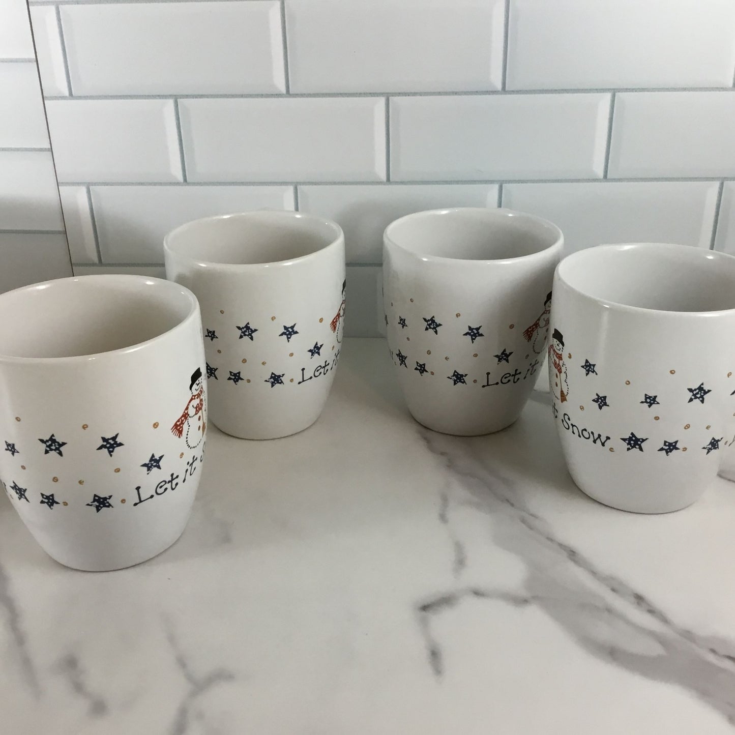 Set of 4 Corelle Frosty Morn Let It Snow Stoneware Cups Winter Snowman