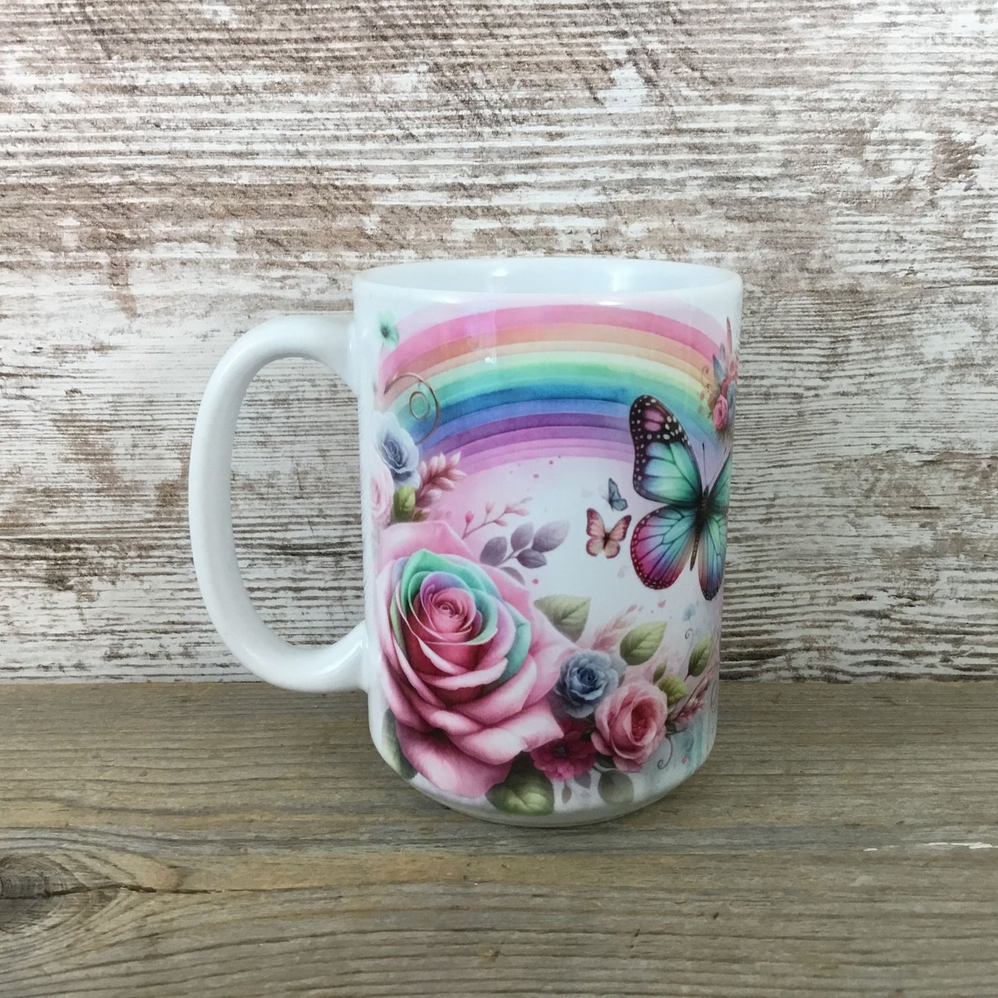 Butterfly & Floral 15 Oz Ceramic Mug With Rainbow Design 