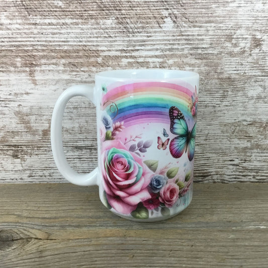 Butterfly & Floral 15 Oz Ceramic Mug With Rainbow Design 