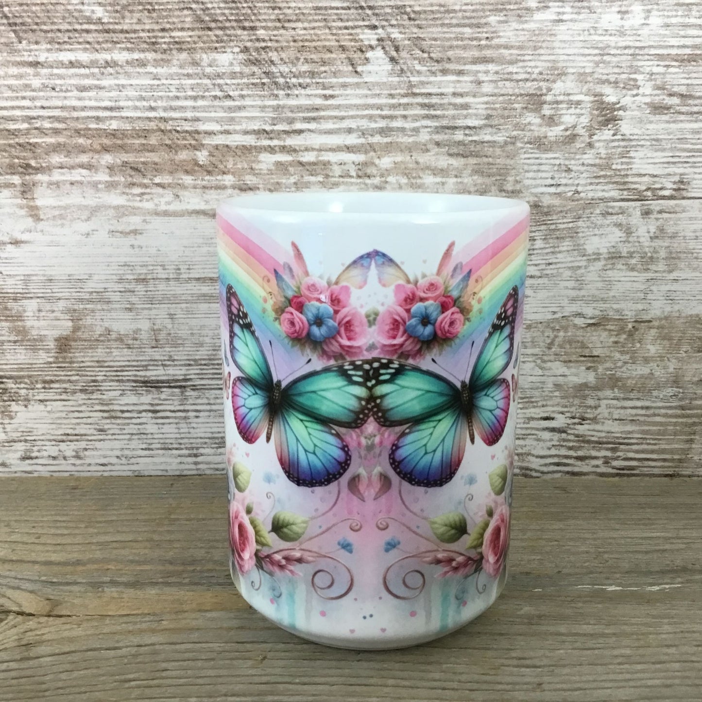 Butterfly & Floral 15 Oz Ceramic Mug With Rainbow Design