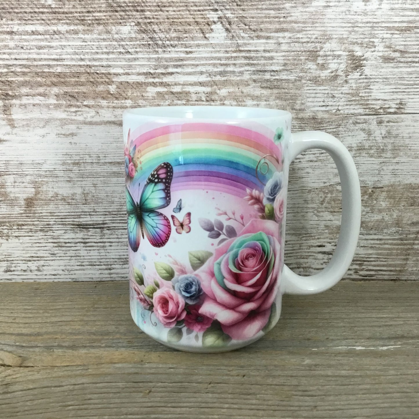 Butterfly & Floral 15 Oz Ceramic Mug With Rainbow Design