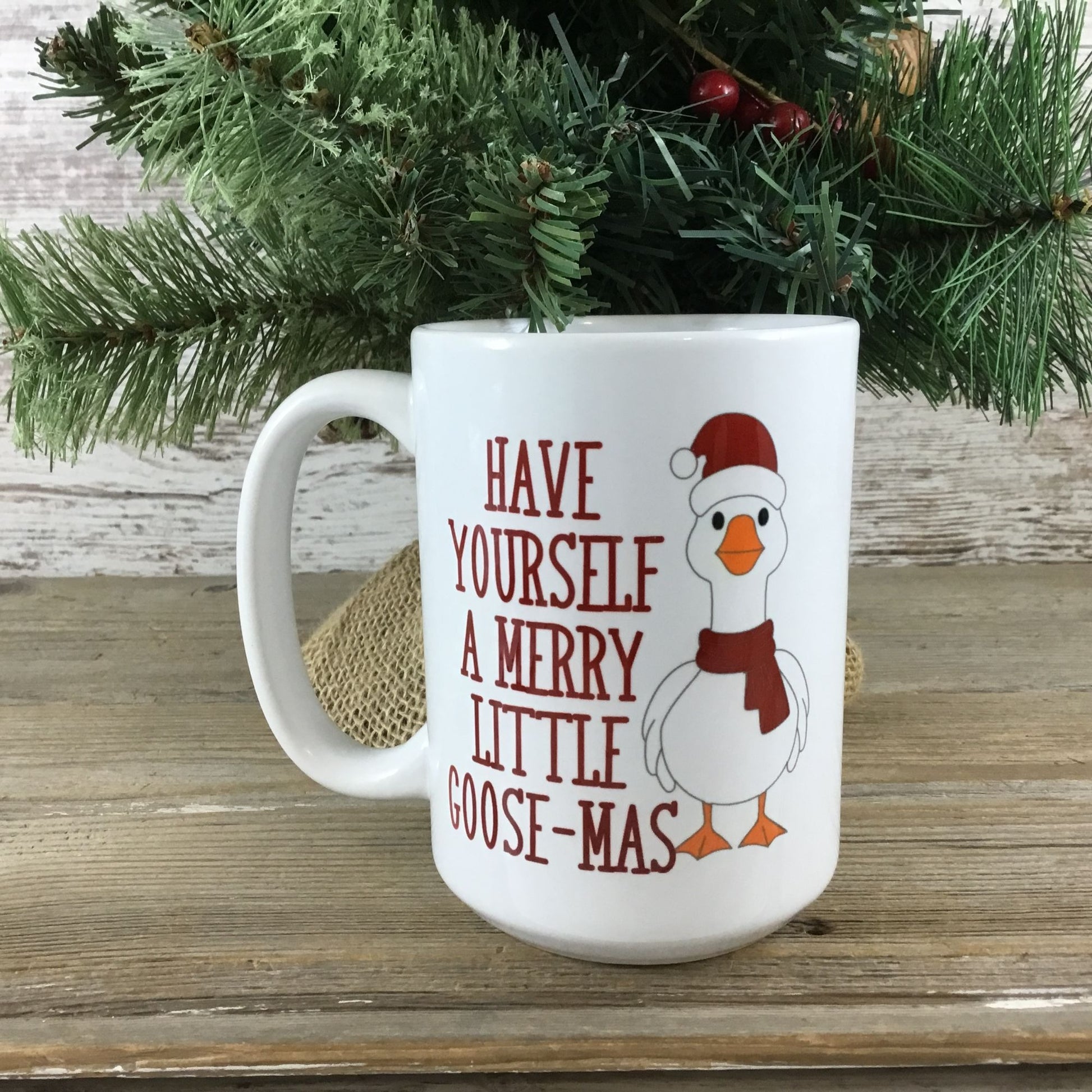 Have Yourself a Merry Little Goose-Mas Mug 15 oz Ceramic Coffee Mug in front of Christmas Tree
