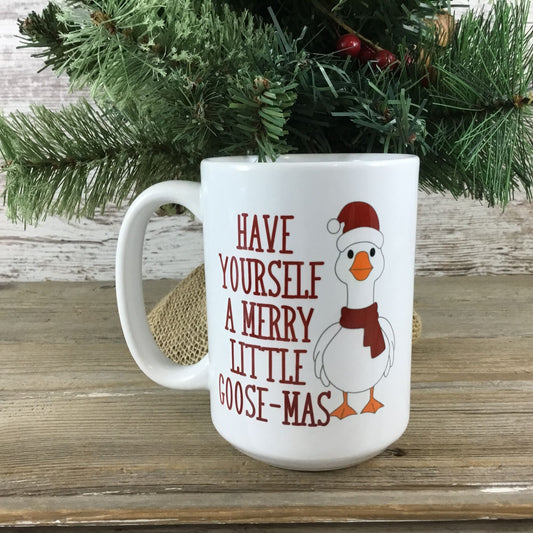 Have Yourself a Merry Little Goose-Mas Mug 15 oz Ceramic Coffee Mug in front of Christmas Tree

