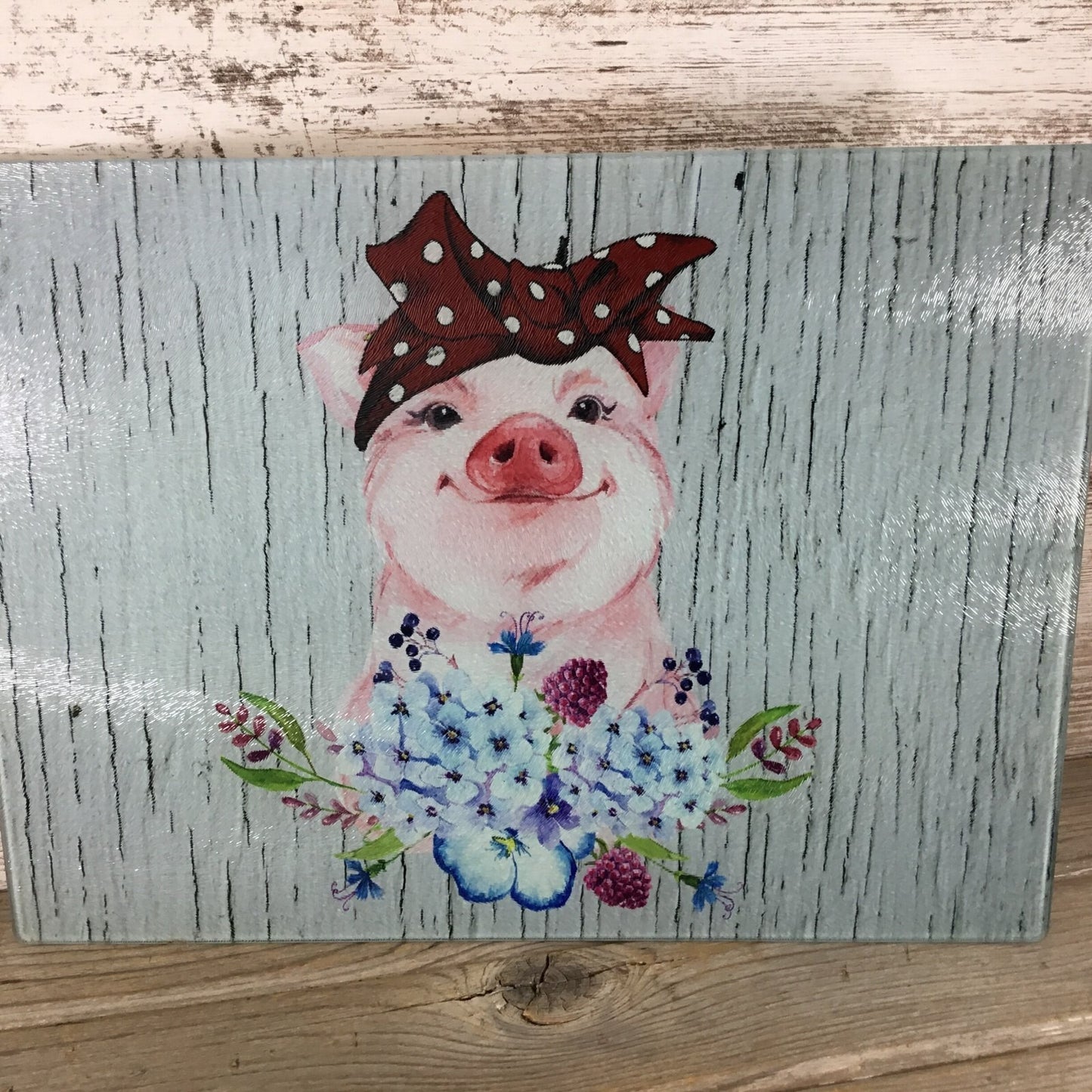 Pig Glass Cutting Board With Floral Design & Polka Dot Bow 11.25" X 15.25"