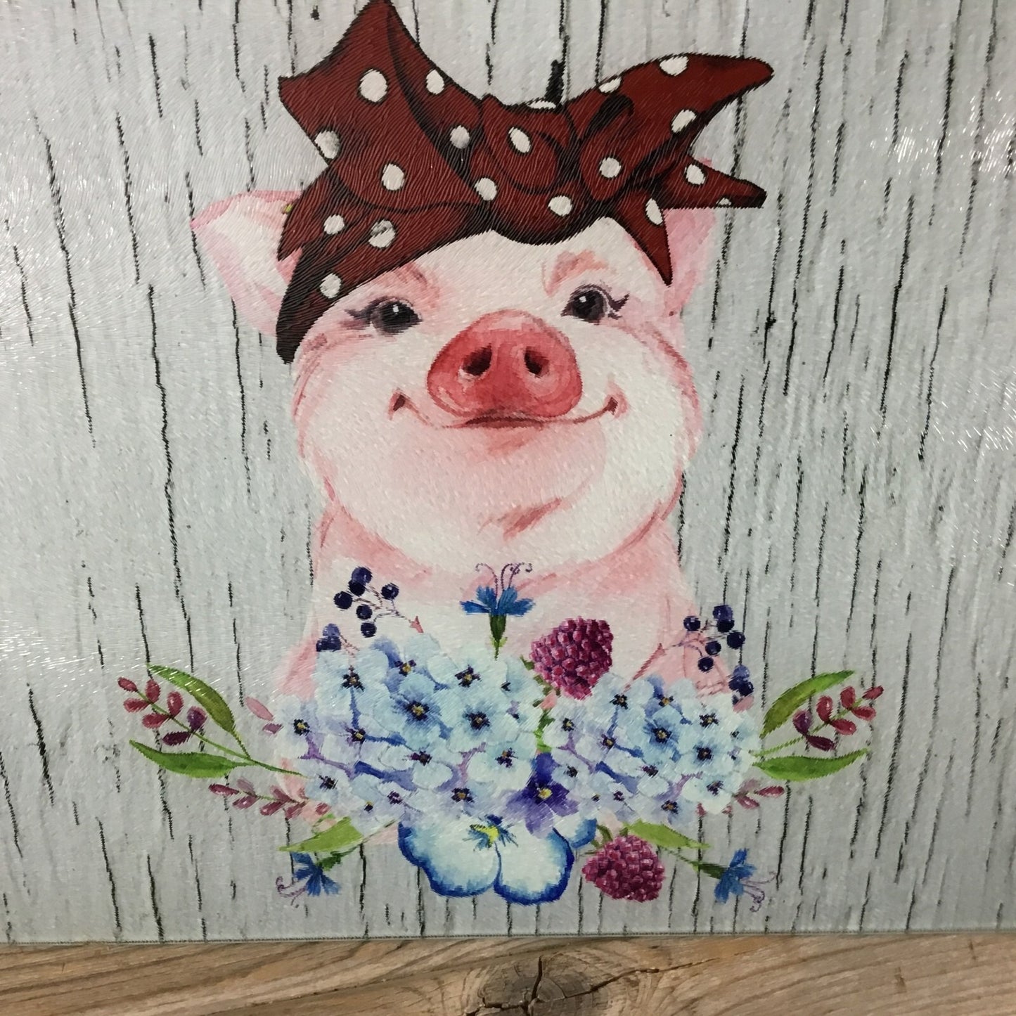 Pig Glass Cutting Board With Floral Design & Polka Dot Bow 11.25" X 15.25"