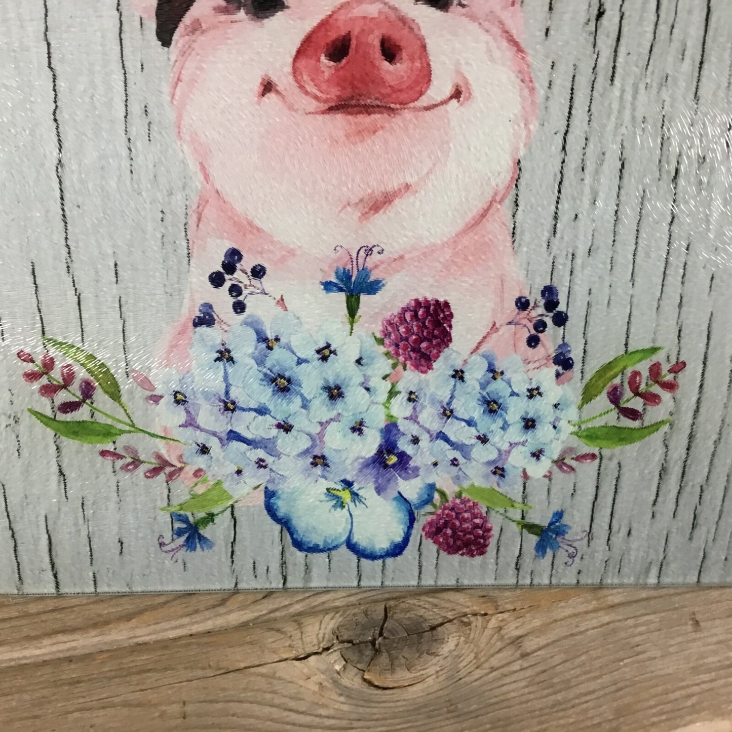Pig Glass Cutting Board With Floral Design & Polka Dot Bow 11.25" X 15.25"