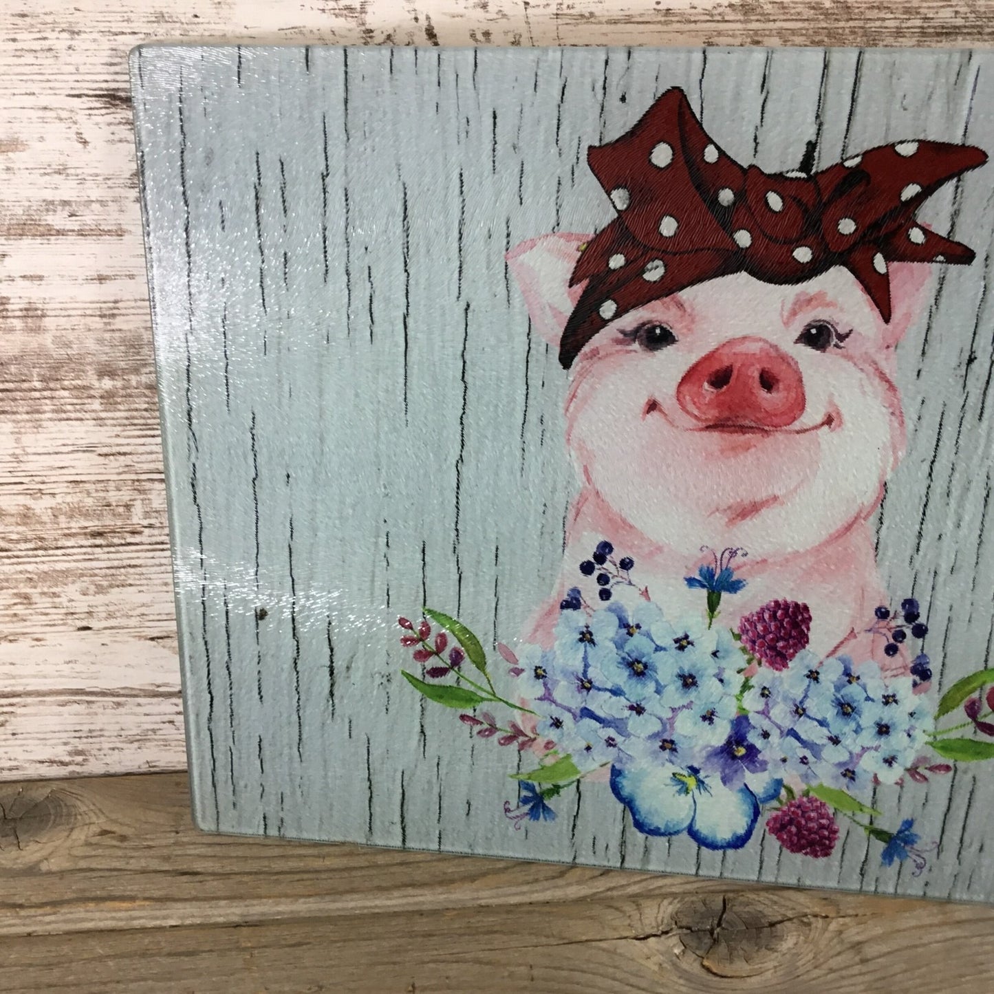 Pig Glass Cutting Board With Floral Design & Polka Dot Bow 11.25" X 15.25"