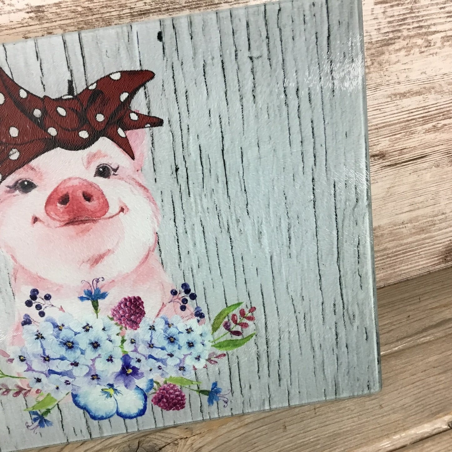 Pig Glass Cutting Board With Floral Design & Polka Dot Bow 11.25" X 15.25"