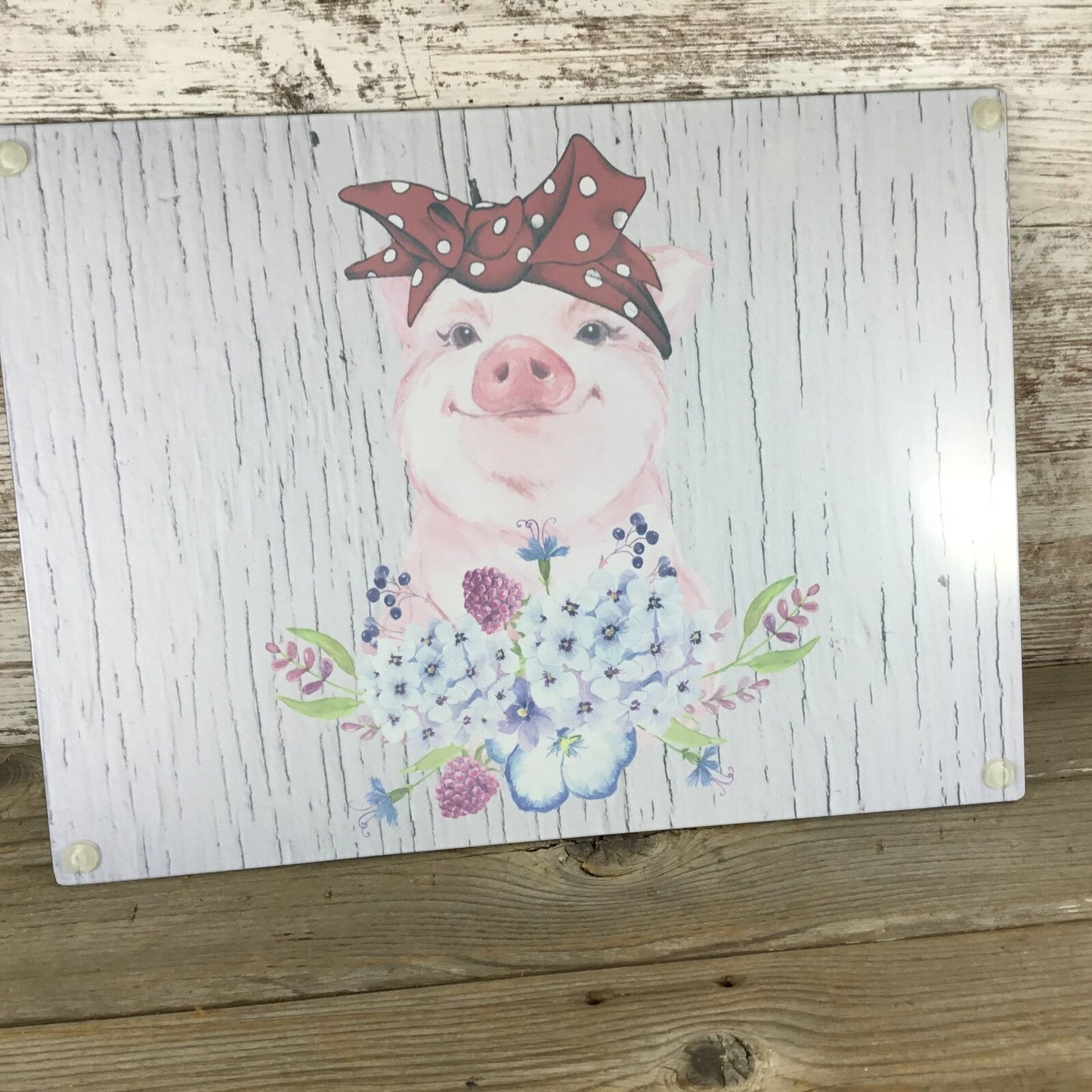 Pig Glass Cutting Board With Floral Design & Polka Dot Bow 11.25" X 15.25"