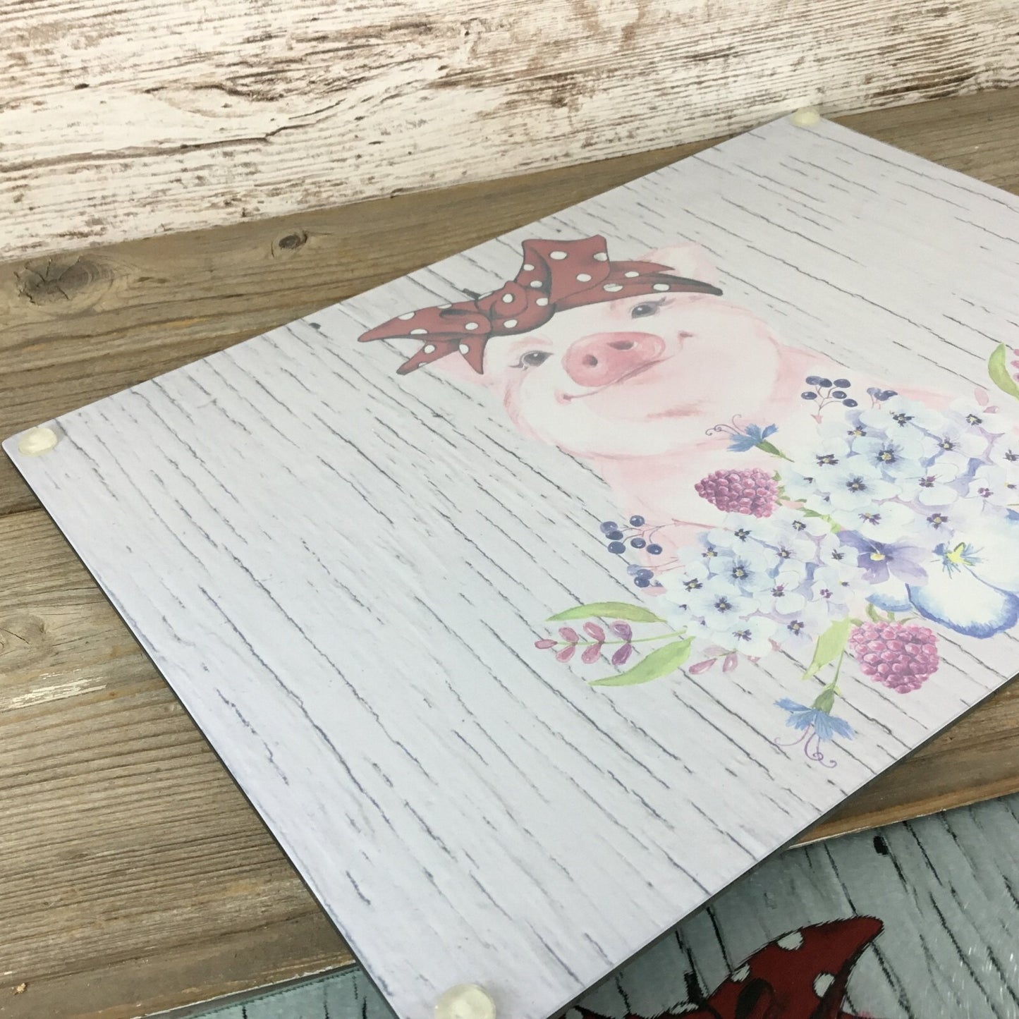 Pig Glass Cutting Board With Floral Design & Polka Dot Bow 11.25" X 15.25"