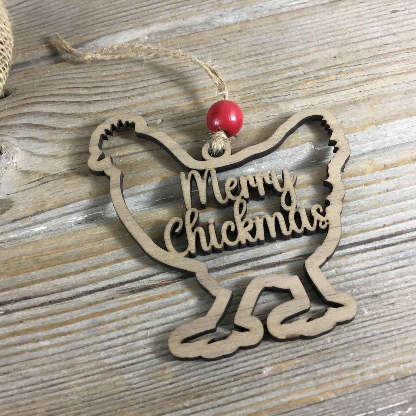 Merry Chickmas Wood Chicken Christmas Ornament