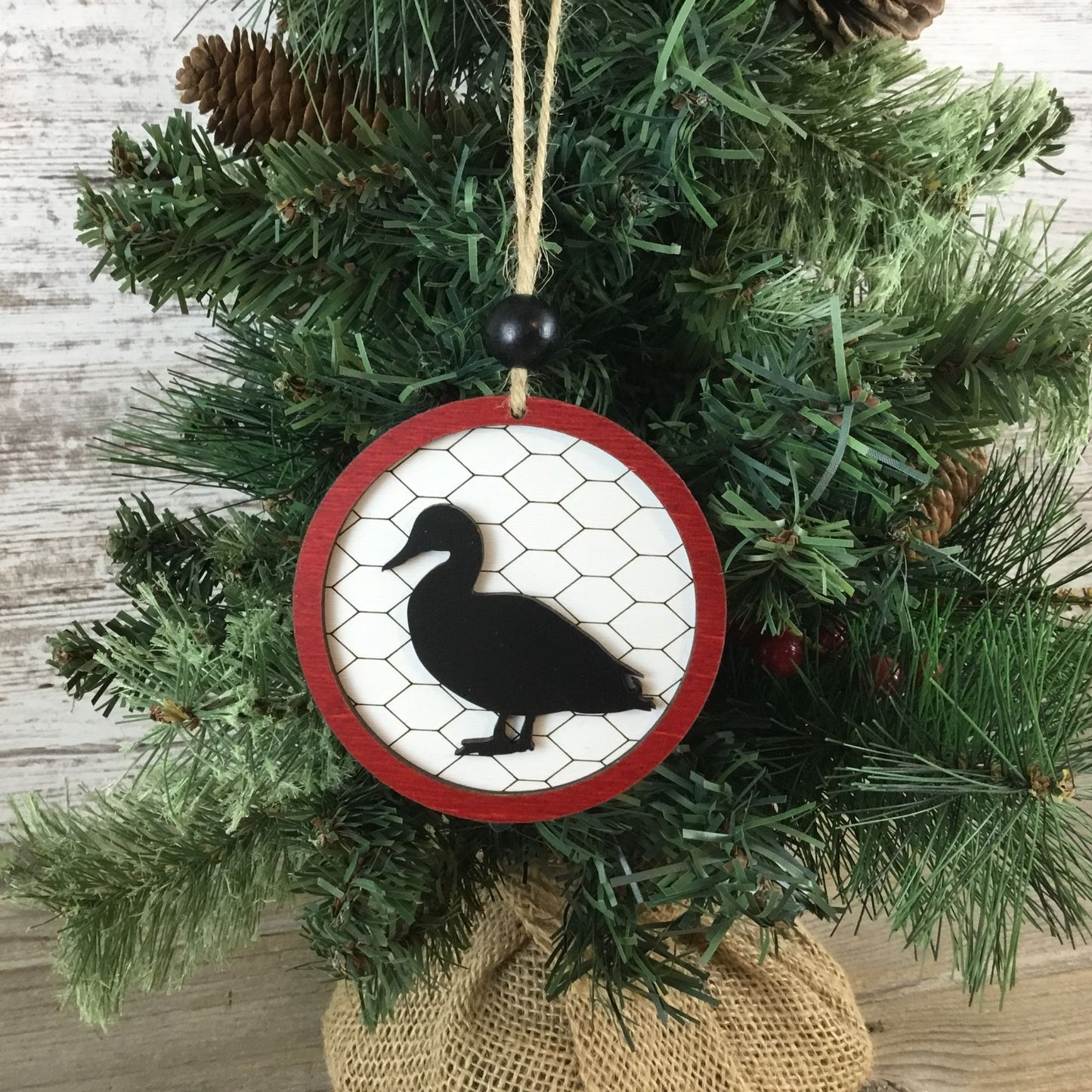 Duck Rustic Farm Christmas Ornament with Laser-Cut Chicken Wire Pattern