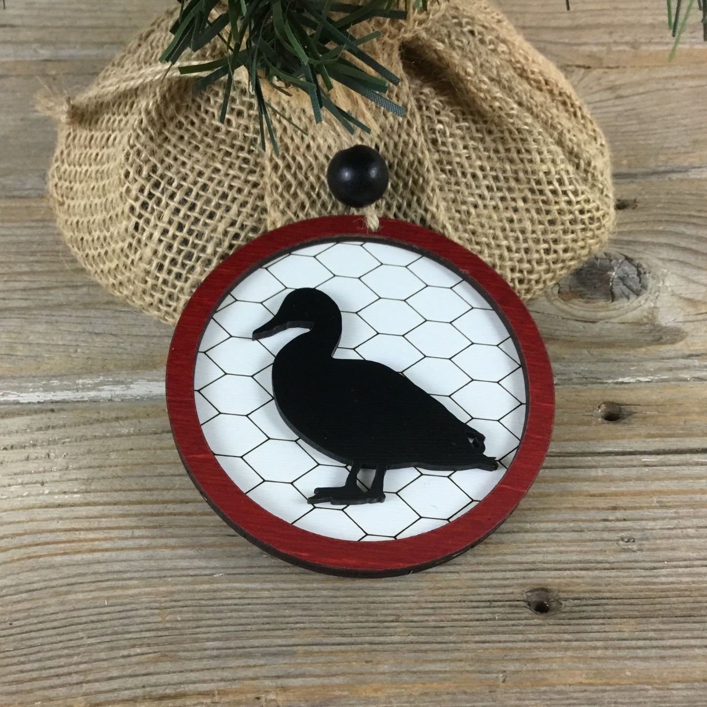 Duck Rustic Farm Christmas Ornament with Laser-Cut Chicken Wire Pattern