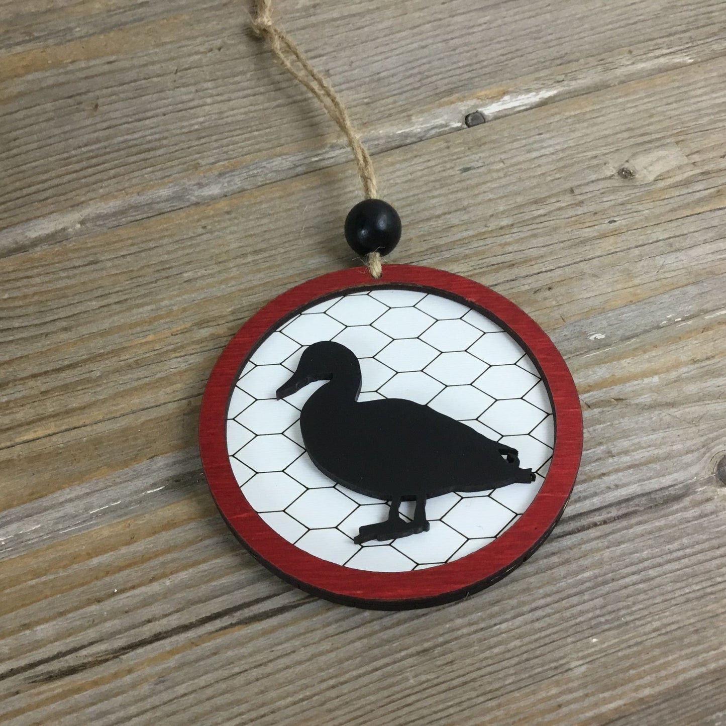 Duck Rustic Farm Christmas Ornament with Laser-Cut Chicken Wire Pattern