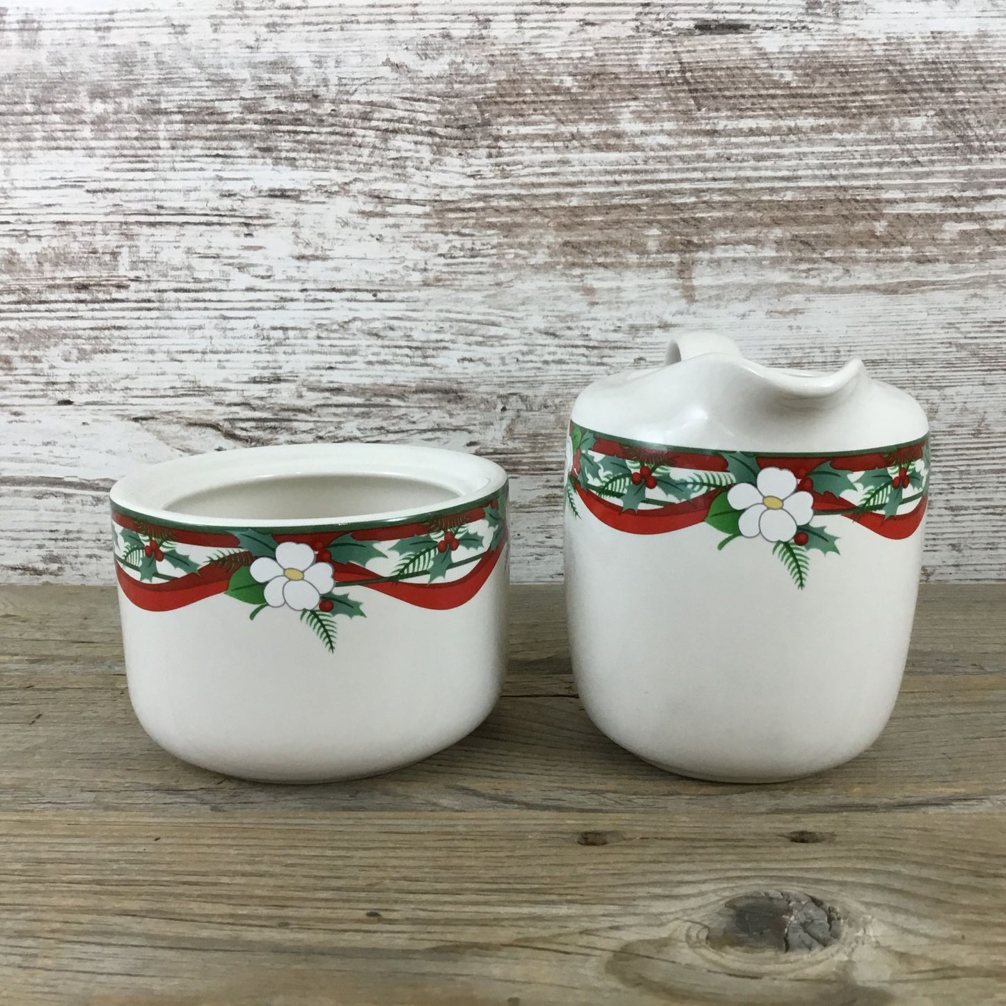 Pfaltzgraff Yuletide Stoneware Creamer & Sugar Bowl Set Holly & Ribbon Design