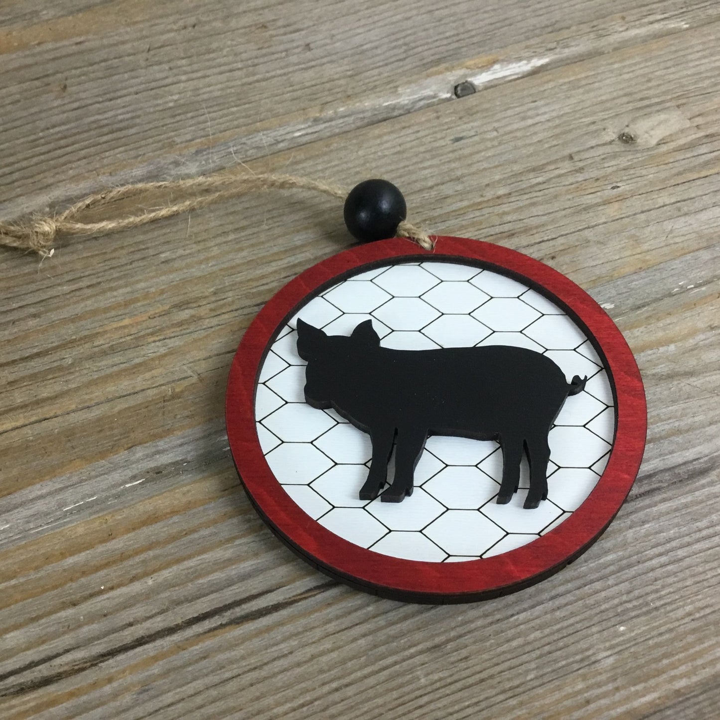Pig Rustic Farm Christmas Ornament with Laser-Cut Chicken Wire Pattern