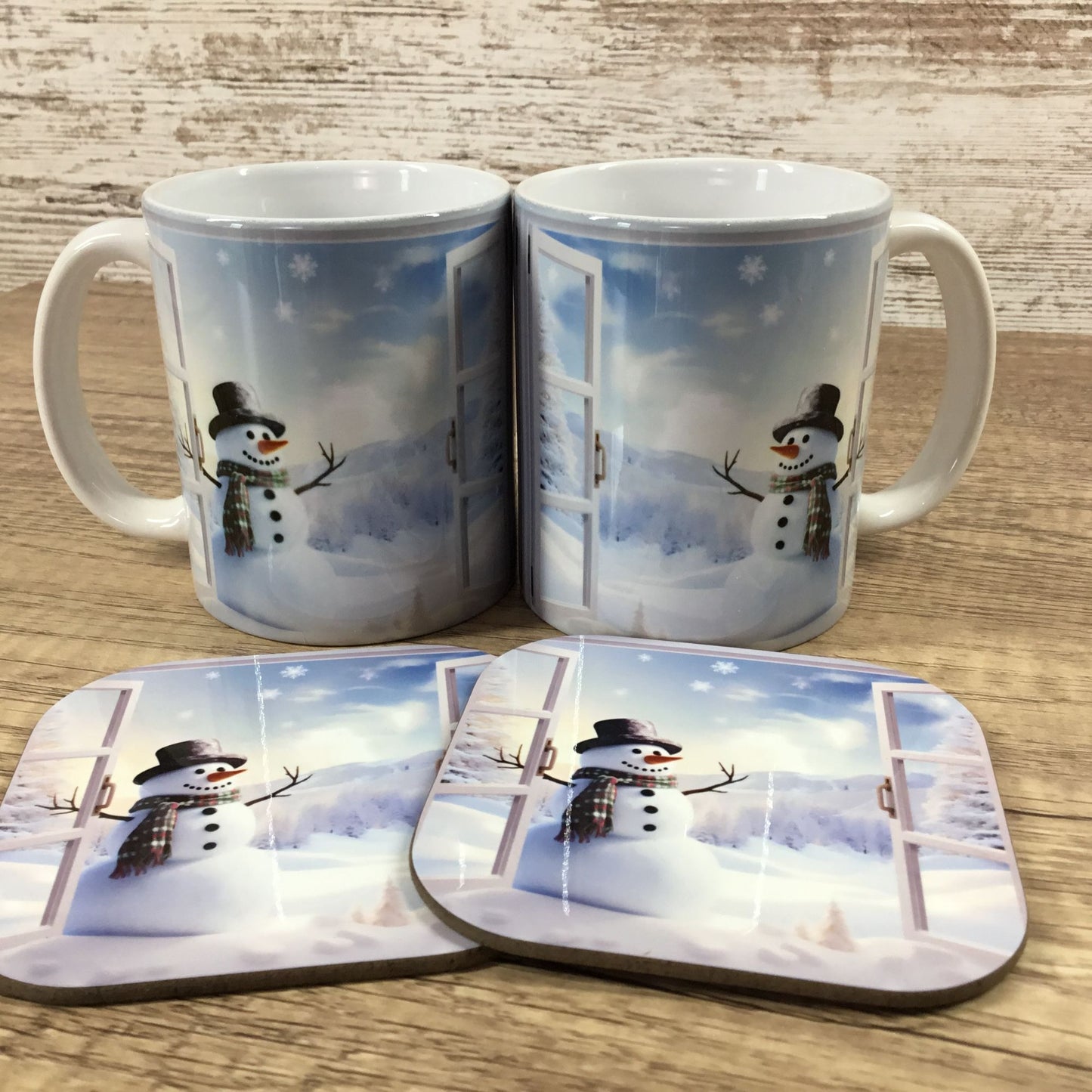 Snowman Winter Scene Coffee Mug & Matching Coasters Set 2 Ceramic 11 Oz Cups