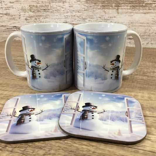 Snowman Winter Scene Coffee Mug & Matching Coasters Set 2 Ceramic 11 Oz Cups