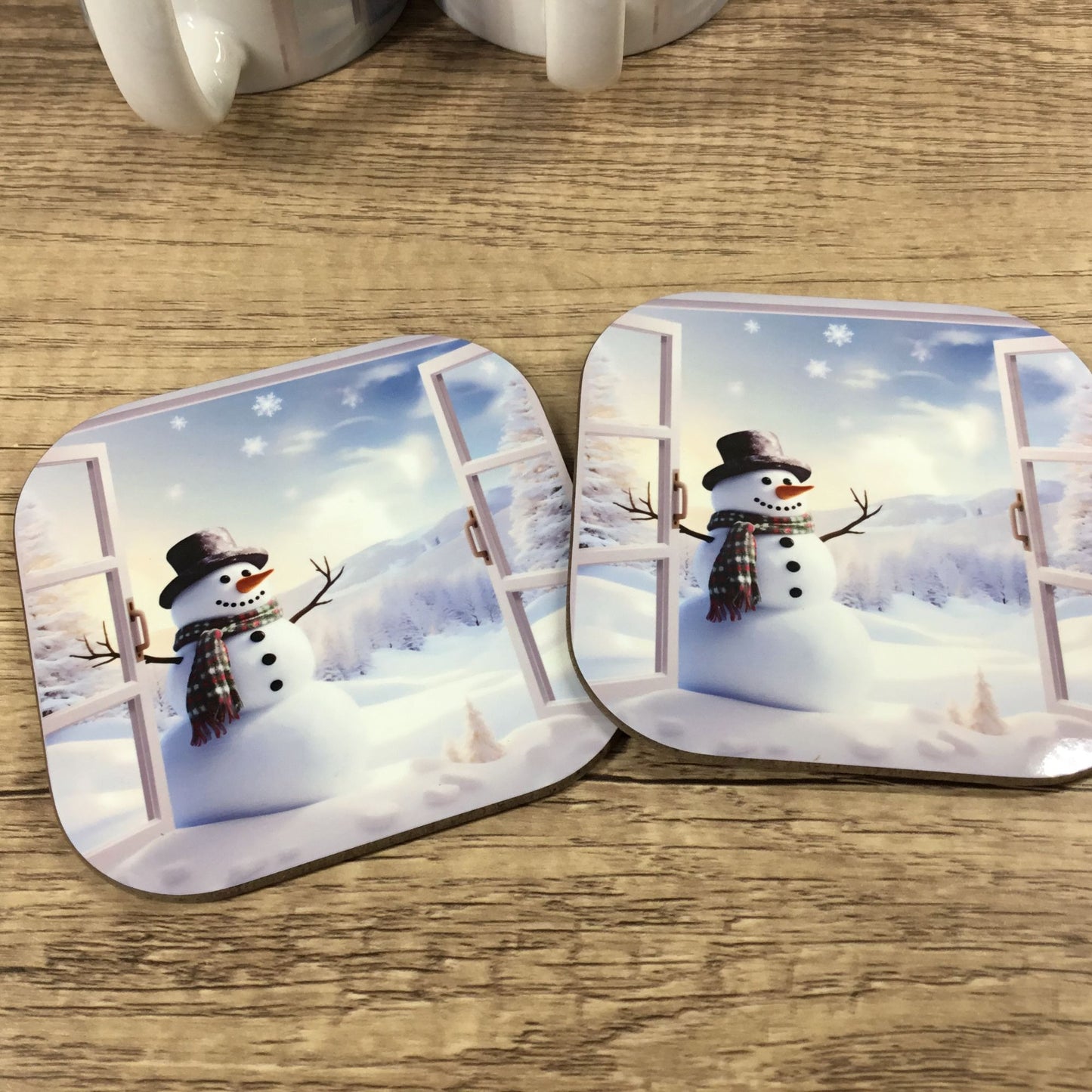 Snowman Winter Scene Coffee Mug & Matching Coasters Set 2 Ceramic 11 Oz Cups