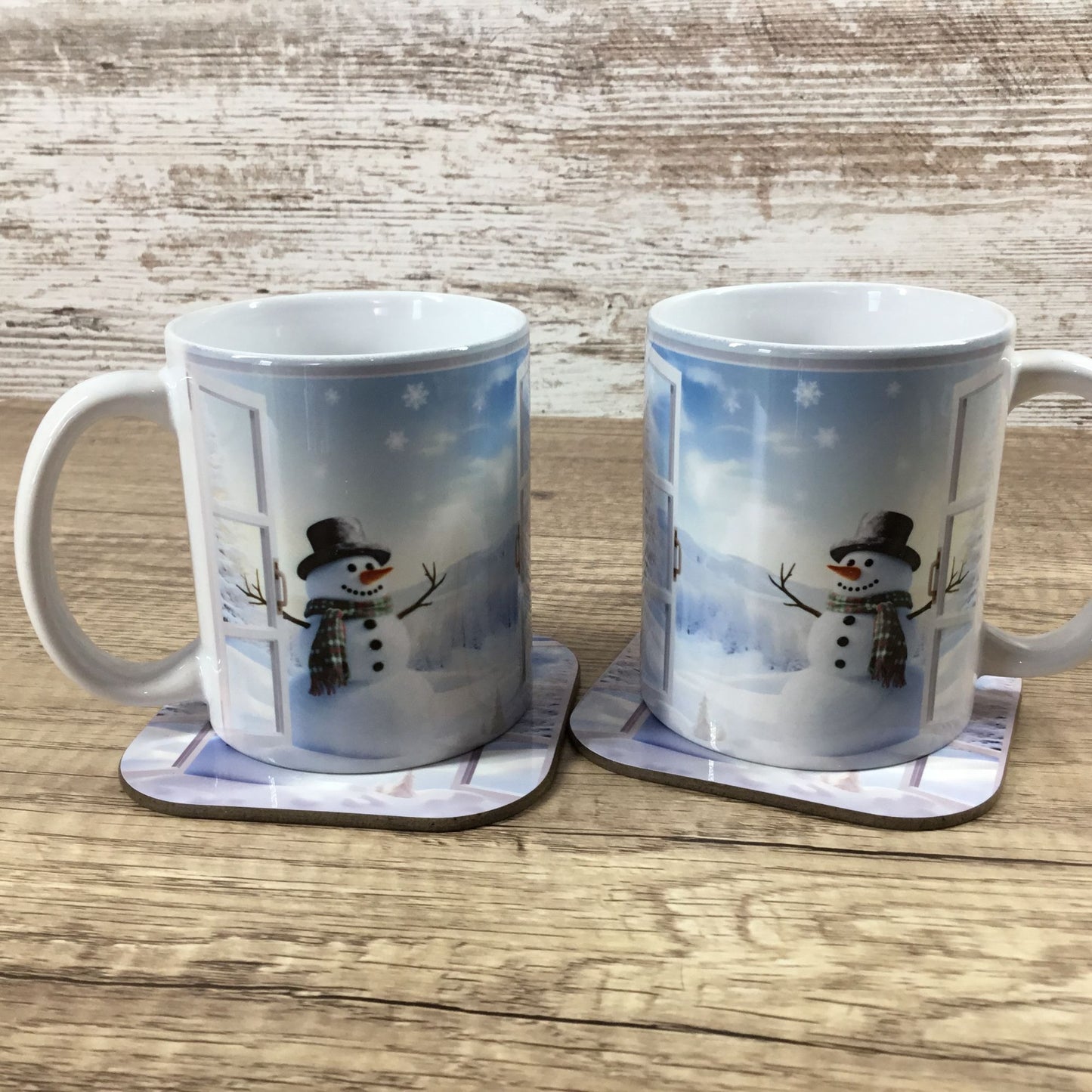 Snowman Winter Scene Coffee Mug & Matching Coasters Set 2 Ceramic 11 Oz Cups