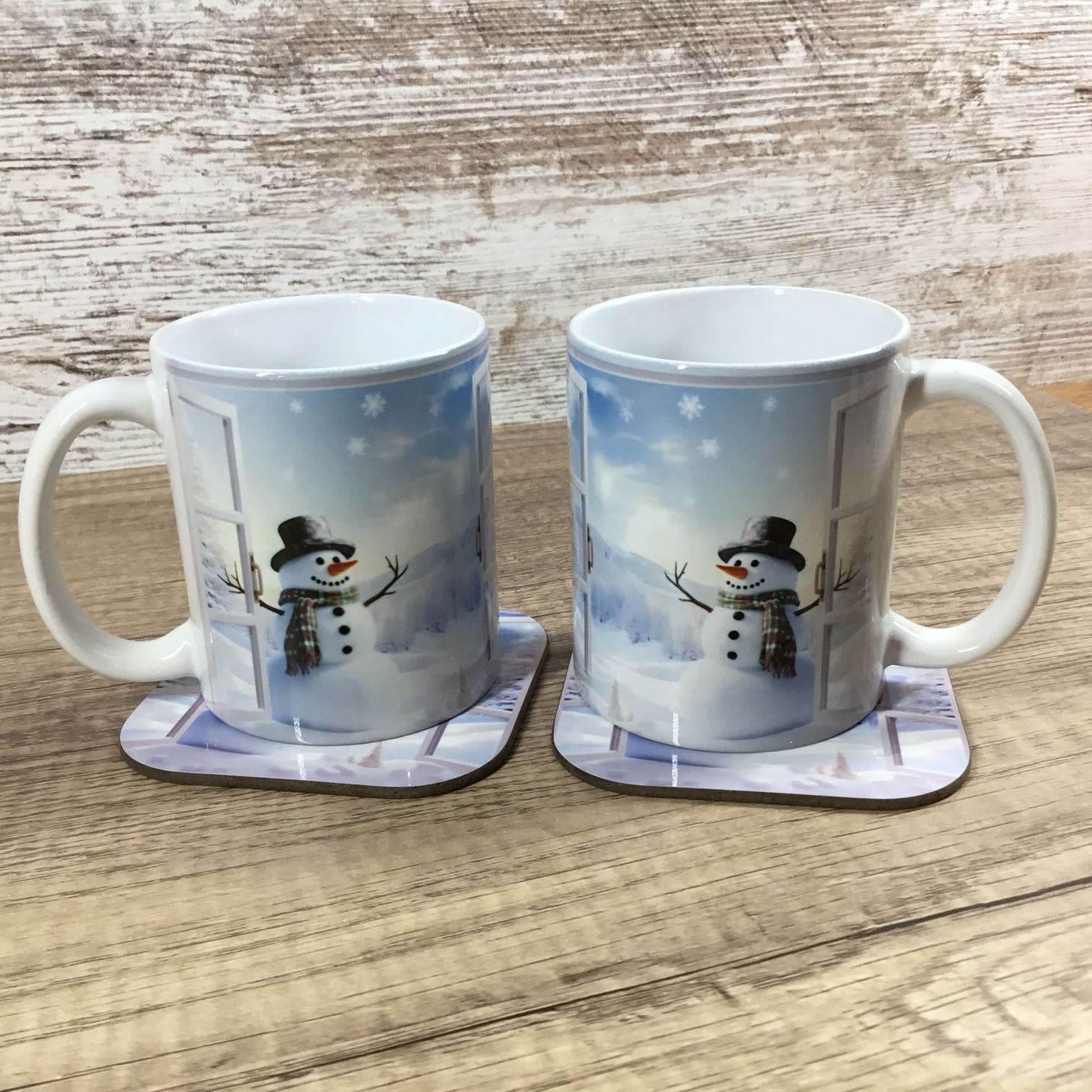 Snowman Winter Scene Coffee Mug & Matching Coasters Set 2 Ceramic 11 Oz Cups